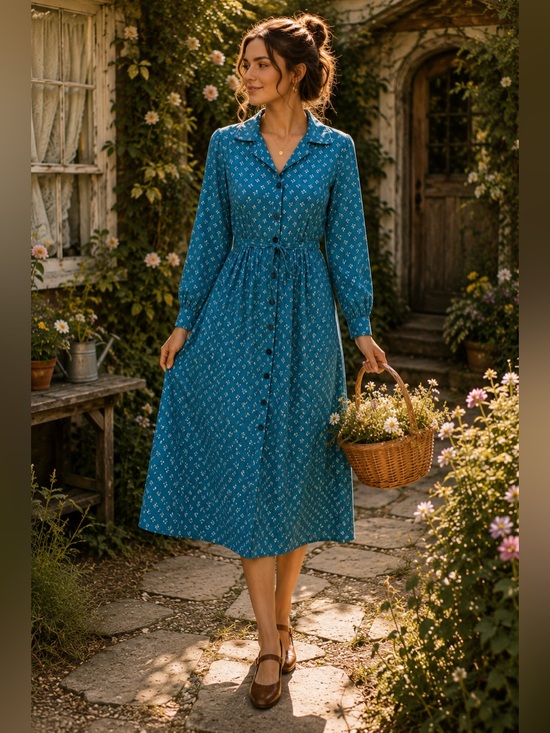 A Nancy frock Dresses & Skirts - Vintage 70s Blue Floral Cottagecore Prairie Midi Dress Belted Size 16 USA Nancy
